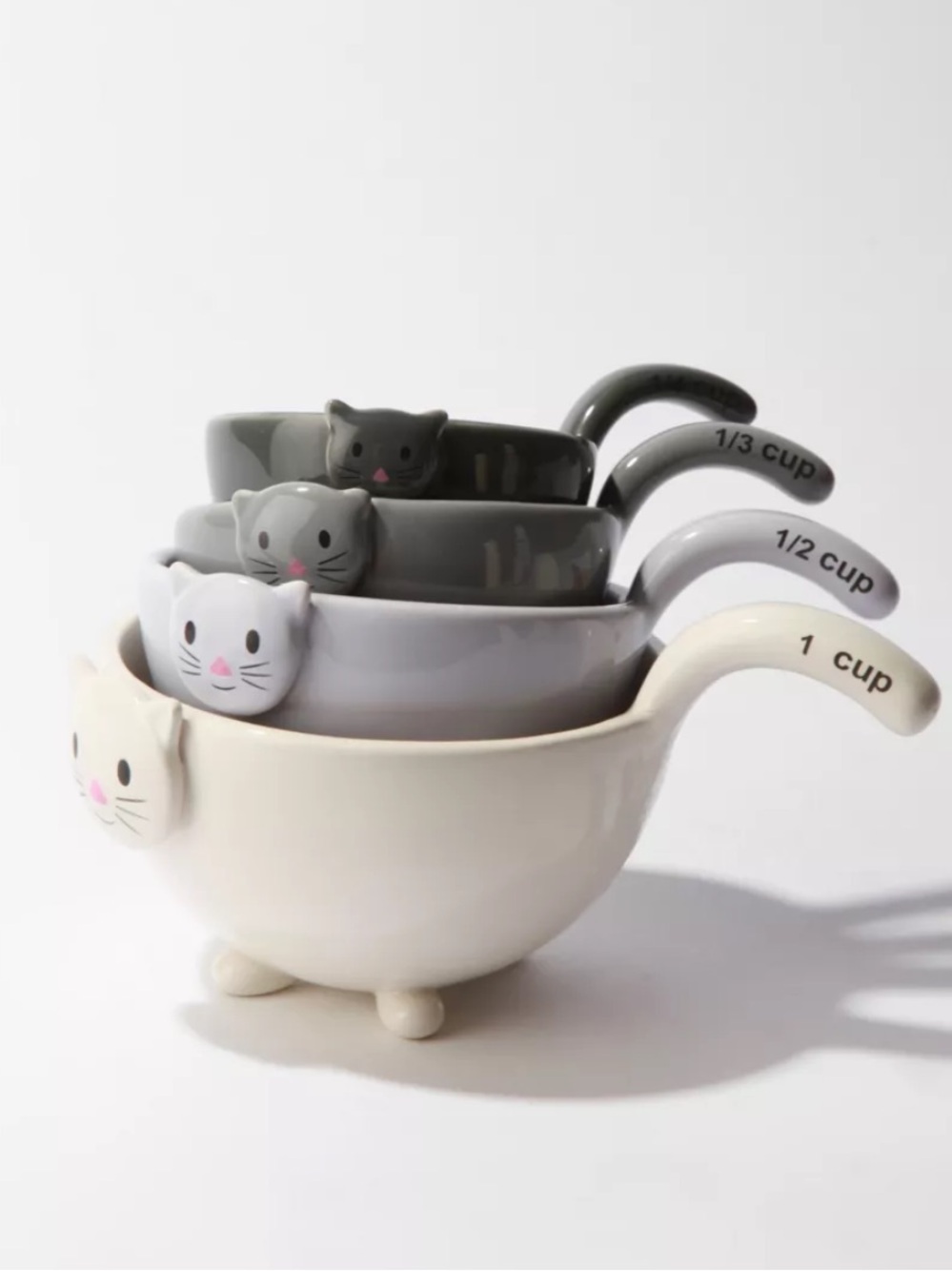 Set of 4 Cat Face Ceramic Measuring Cup Set - White, Light Gray, Gray, Dark Gray